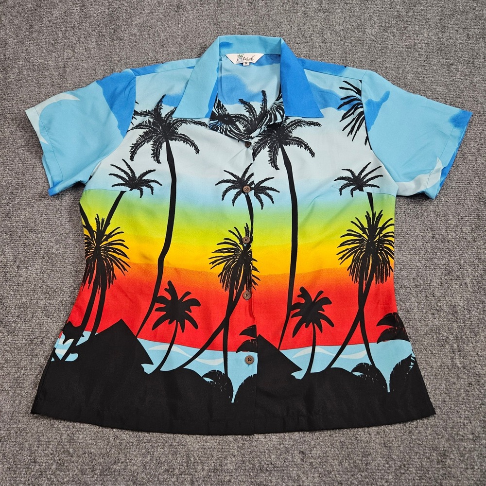 Hawaiian Shirt Womens‎ Medium Colorful Sunset Palm Tree Tropical Beach Resort
